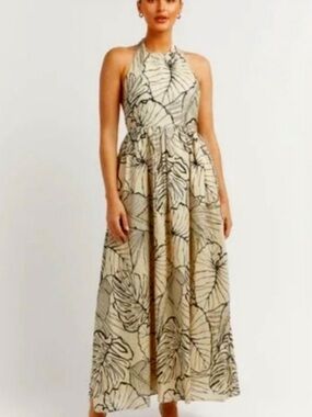 DISSH Malta Tan Black Palm Halter Maxi Dress Linen Size 8 EUC